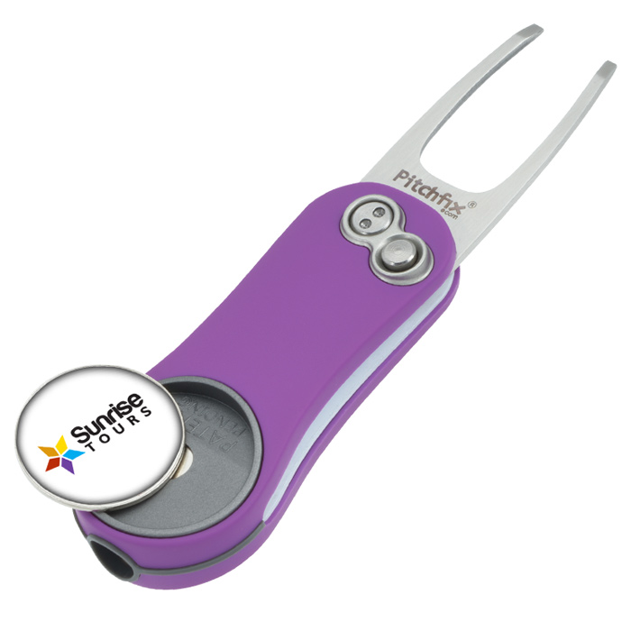 PitchFix Hybrid 2.0 with a purple handle and a Sunrise Tours logo