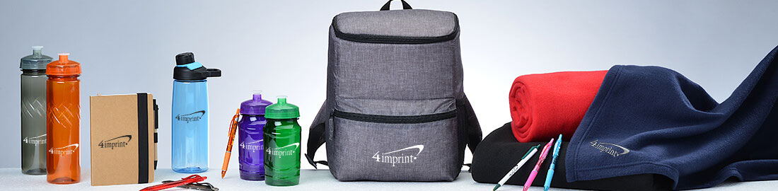Better materials promotional products that include waterbottles, a backpack, notebook, pens and blankets