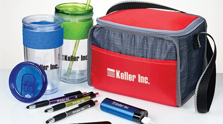 Giveaway items on sale includes drinkware lunch totes and pens