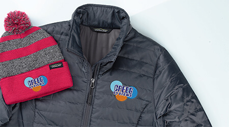 Promotional business apparel products that include lightweight jackets and toques